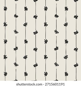 Vertical floral stripe pattern with minimalist black motifs on beige background