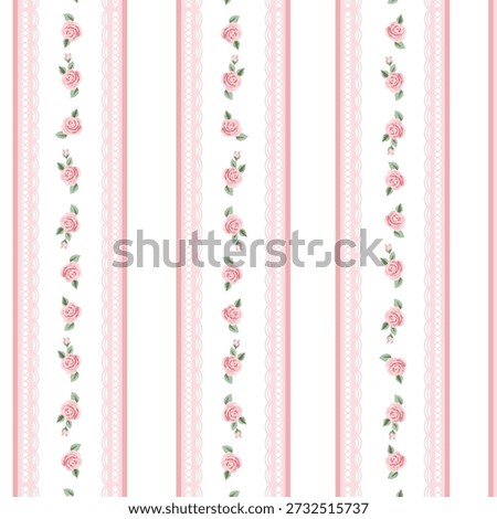 Vertical floral stripe pattern with pink roses, romantic lace background for vintage stationery