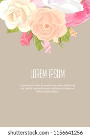 Vertical floristic elements of corporate identity template for flower shop, workshop or salon. Flowers of rose on kraft paper, vector banners. Brochure, booklet.