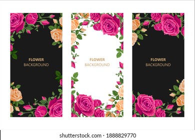 Vertical flower background with roses. Vector illustration, black, white background. Web banner, poster, flyer, greeting card for social media with Beautiful roses, leaves. Vintage, victorian style