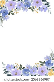Vertical flower frame pastel blue color, watercolor flower frame for design.