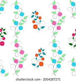 Vertical flower twigs on a white background. Decorative colorful elegant romantic seamless pattern for decor, wallpaper, fabric, prints. Abstract fashion texture. Vector illustration