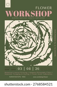 Vertical Flower Workshop or Floristry Masterclass design template with etched sketches, classic typography for promotion and branding. Elegant botanical poster or flyer with vintage floral engraving.