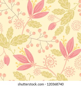Vertical flowers and berries seamless pattern background with hand drawn fruit shapes.