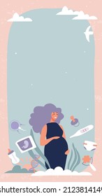 Vertical flyer about pregnancy with place for text, pregnant woman against the sky, test en pregnancy, ultrasound scan. Flat cartoon vector illustration, modern background.