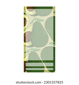 Vertical flyer with Avocado fruit whole and cut with large pit in center. Exotic fruit. Print template element for design. Vector in thin line