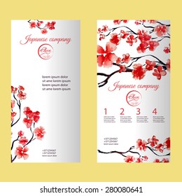 Volante vertical o folleto con flor de cerezo o árbol sakura. Pintado por acuarela. Diseño de identidad corporativa con elemento logo. Ilustración vectorial.