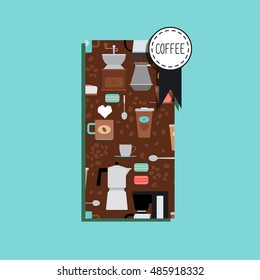 Vertical flyer with coffee pattern and vector label