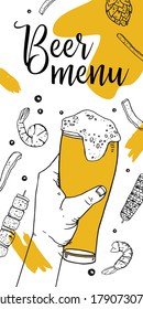 Vertical flyer design template. Hand holding glass of beer and food. Hand drawn vector sketch illustration