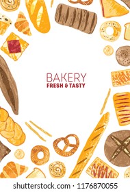 Vertical flyer or poster template decorated with frame made of breads and baked products of different types on white background. Colorful vector illustration for bakery or bakeshop advertisement