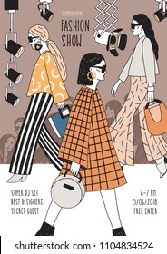 Vertical flyer or poster template for fashion show with top models wearing fashionable apparel walking along runway or doing catwalk. Hand drawn vector illustration for event promotion, advertisement