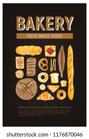 Vertical flyer or poster template with fresh bread, pastry, baked goods of various types and place for text on black background. Vector illustration for bakery or bakeshop promo, advertisement