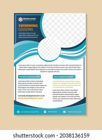 Vertical Flyer For Swimming Lessons, Creative Concept For Presentations And Advertising, Template For Posting Photos And Text. Modern Multicolored Blue Gradient On Element Banner With White Background