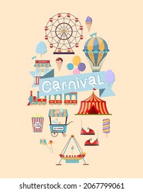 Vertical flyer template for carnival or festival with ferris wheel, piret ship, amusement train ride, circus tent, air balloon and more. Vector illustration in flat style.