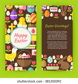 Vertical Flyer Template Happy Easter. Flat Style Design Vector Illustration of Brand Identity for Spring Promotion. Colorful Pattern for Christian Holiday Advertising.