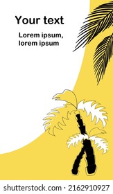 Vertical flyer template with tropical leaves and palms in white-yellow shapes