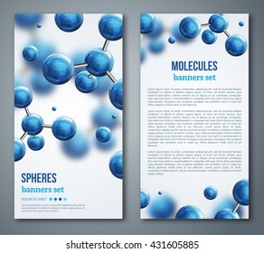 Vertical flyers abstract molecules design. Vector illustration. Atoms. Medical background for banner or poster. Molecular structure with blue spherical particles.