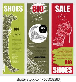 Vertical flyers or banners set with fashion woman footwear, trendy high heel shoes