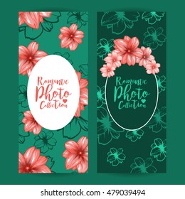 Vertical flyers or brochure design with decorative oval frame and cherry pink flowers pattern. Vector presentation on the green background