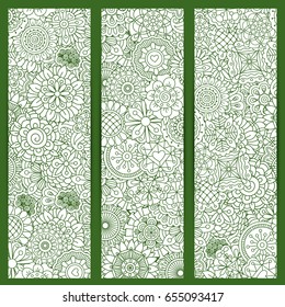 Vertical flyers with green floral mandalas pattern, vector illustration