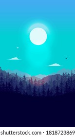 Vertical forest background - Scenic landscape with trees, mountain and sun in the sky. Beautiful calm and peaceful vector illustration.
