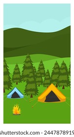 Vertikales Waldlager mit Wald oder Bäumen, Zelt auf grünem Gras, Lagerfeuer, Berge. Natürliche Landschaft für Social Media Geschichten, Poster, Postkarte. Reisen, Wandern und Aktivurlaub. flache Vektorgrafik