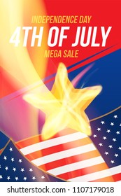 Vertical format Flyer Celebrate Happy 4th of July - Independence Day. Mega sale and hot discounts with a star and a realistic flame of fire. National American holiday event. Vector illustration EPS10.