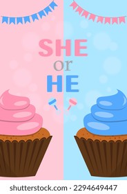 vertical format of gender muffin party flyer in flat style
