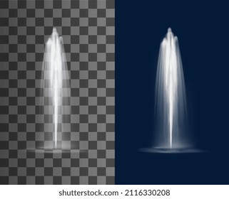 Vertical fountain cascade, water falling with splashes, vecto reaslitic flowing pour. Water jets of fountain or sprinkle spray with pouring splatters of aqua drips on transparent background