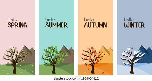 Vertical four season banner hello spring, summer, autumn and winter tree. Outdoor illustration concept. Mountains on background for website.