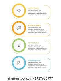 Diseño de Plantilla de infografía de Vertical de cuatro pasos con Elementos circulares, íconos y texto