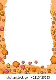 Vertical Frame Autumn landscape top view. Scene with yellow and orange trees and bushes from height. Above countryside. Isolated on white background. Cartoon style illustration. Vector.