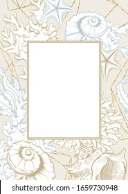 Vertical Frame with Beige Seashells. Isolated vector poster with contour drawing sea shells for wedding design and thank you cards templates.
