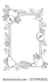 vertical frame of black and white apples and pears and leaves, hand drawn in cartoon style. Outline drawing.