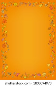 Vertical frame, border composed of flying autumn leaves on an orange background for page design. Vector illustration.