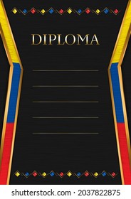Marco vertical y borde sobre fondo de metal negro, con colores de la bandera ecuatoriana, elementos de plantilla para tu certificado y diploma. Vector.