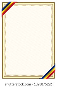 Vertical  frame and border with Romania flag, template elements for your certificate and diploma. Vector.