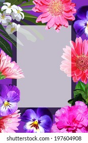 vertical frame with bright realistic flowers closeup