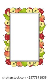 vertical frame of colored apples and pears, hand-drawn in cartoon style.