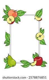 vertical frame of colored apples, pears and leaves, hand drawn in cartoon style. Outline drawing.