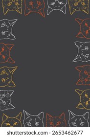 Quadro vertical com ilustração colorida desenhada à mão doodle de gatos engraçados espiando no fundo preto.
