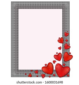 Vertical frame with corner decoration of red hearts.