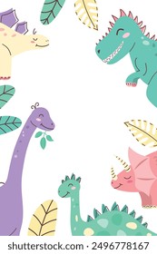 Vertical frame with cute dinosaurs. Dinosaur Kids Style. Cute character. Flat vector illustration.