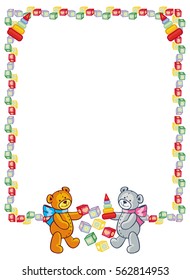 Vertical frame with cute teddy bears. Children toys. Copy space. Vector clip art.