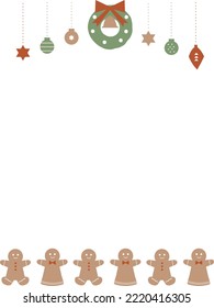 Vertical frame with gingerbread man cookies and ornament illustration.