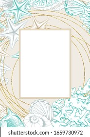 Vertical Frame with Gold Seashells. Isolated vector poster with contour drawing sea shells for wedding design and thank you cards templates.