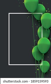 Vertikaler Rahmen mit grünen Ballons auf dunkelgrauem Hintergrund. Sterne Konfetti. Platz für Text. Vektorfestivals.