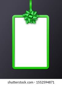 Vertical frame with a green tied bow on dark background. Copy space. Anniversary, birthday, invitation, banner, card, poster, flyer, promotion template design. Graphic element. Vector illustration.
