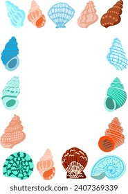 Vertical frame with hand-drawn seashells in a flat cartoon style