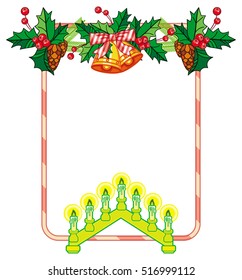 Vertical frame with holly berry, Christmas bells and light candle arch. Copy space. Christmas decoration. Vector clip art.